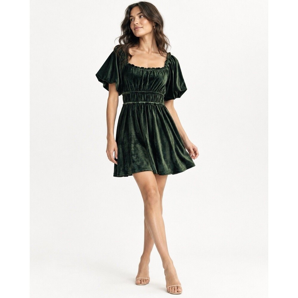 Altar'd State Green Velvet Tiered Mini Dress Long Puff Sleeve Square Neck S